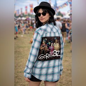 Custom Upcycled Gorillaz Graphic Tee On Flannel Button Down Shirt Size XXL